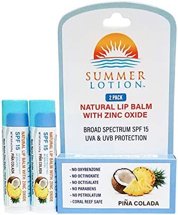 Natural Lip Balm with Zinc Oxide Sunblock by Summer Lotion, SPF 15 Lip Sunscreen 2-Pack, Water Resistant Chapstick, SPF Lip Protection for Everyone, (Pina Colada)