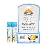 Natural Lip Balm with Zinc Oxide Sunblock by Summer Lotion, SPF 15 Lip Sunscreen 2-Pack, Water Resis