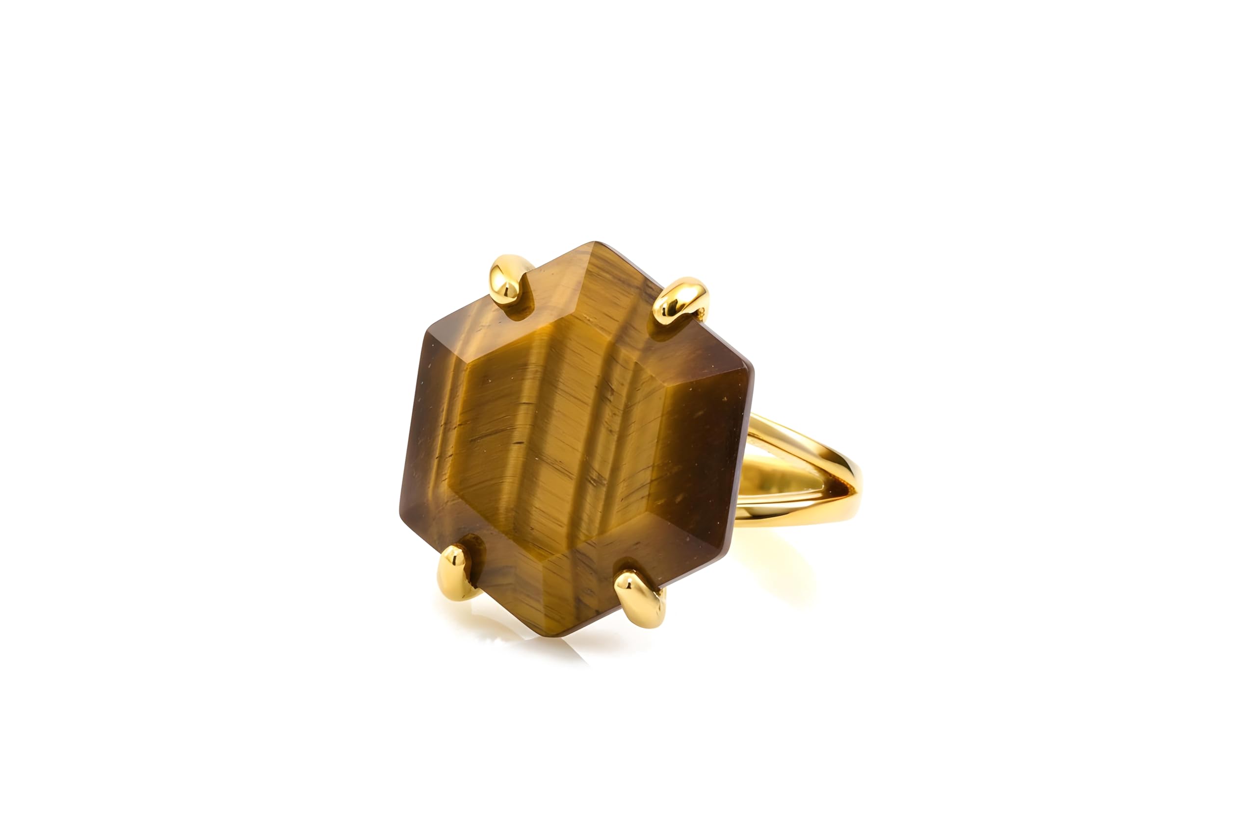Anillo de Ojo de Tigre Hexágono en Oro de 14k - Joyas con Estilo - Anillo de Piedras Preciosas, Anillo de Moda, Anillo de Compromiso Único, Anillos de Regalo Personalizados para Ella
