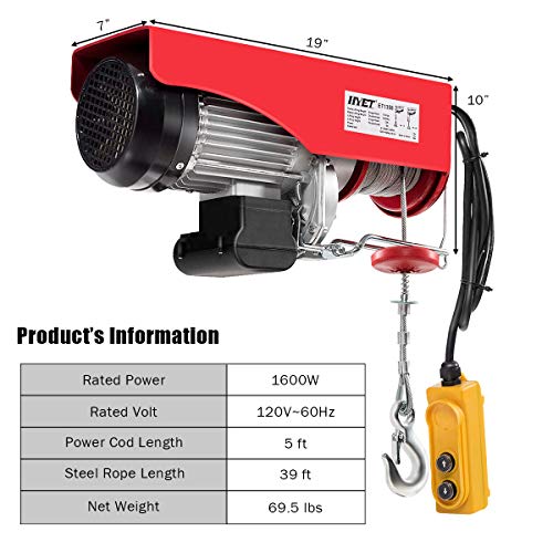 Goplus 2200 lbs Lift Electric Hoist Crane Remote Control Power System, Solid Carbon Steel Wire Overhead Crane Garage Ceiling Pulley Winch with Emergency Stop Switch