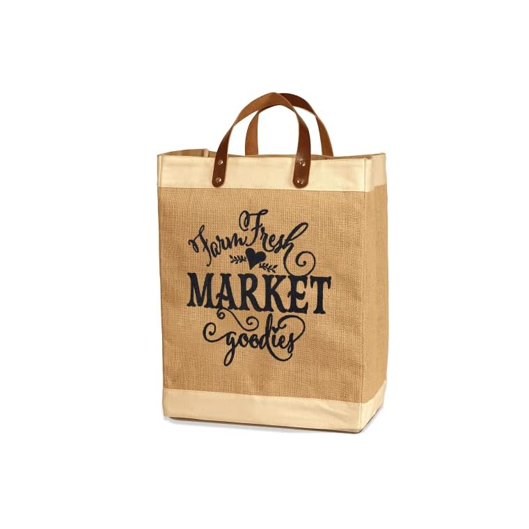 French Market Jute Tote Bag Canvas Reusable Grocery Organizer Pocket Exultimate