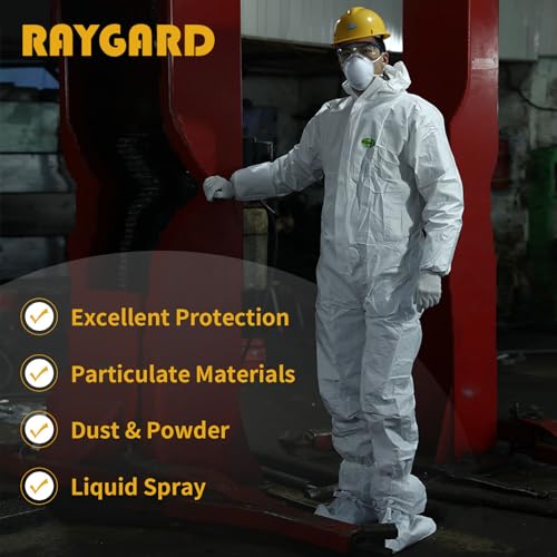 RAYGARD SMS Disposable Coverall, Hazmat Suits Coveralls with Hood and Elastic Wrists (1 Pack in White, Large)