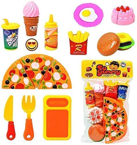 VIC Pizza Party Fast Food Pretend Cooking & Cutting Play Set Toy for Kids (Multi Color)