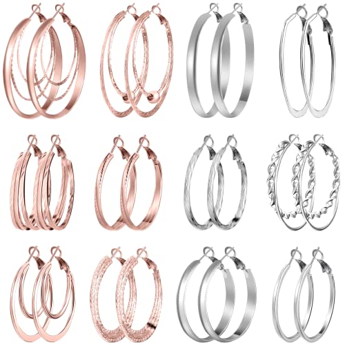 Kigeli 12 Pairs Rose Gold, Silver Hoop Earrings for Women Stainless Steel
