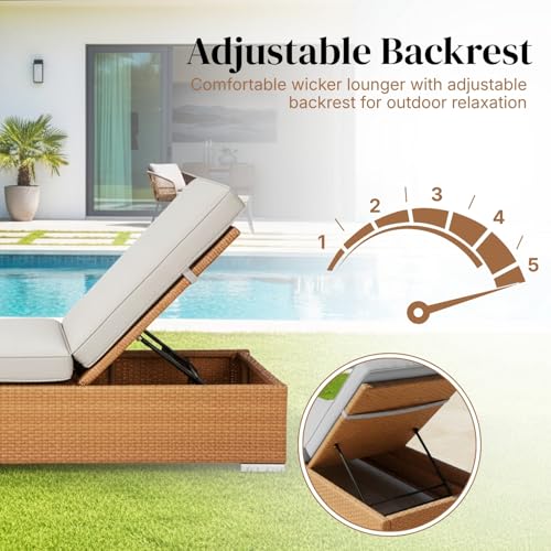 Image of DEVOKO Outdoor Rattan Wicker Sun Lounger Recliner for All Weather Comfort with Durable Metal Frame Ideal for Garden, Deck, Lawn, Poolside (Beige & Grey)