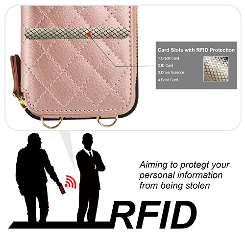 Bocasal Crossbody Wallet Case for iPhone 14, RFID Blocking PU Leather Zipper Handbag Purse Flip Cover, Kickstand Folio Case with Card Slots Holder Wrist Strap Lanyard 5G 6.1 Inch (Rose Gold) by Bocasal - Used condition - Image 3