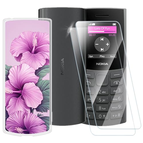 ESACMOT Pink Flowers Pattern Case Compatible with Nokia 105 4G 2023 + [2 Pack] Screen Protector Tempered Glass, Shockproof Case Cover for Nokia 106 4G 2023 (1.8 inch)