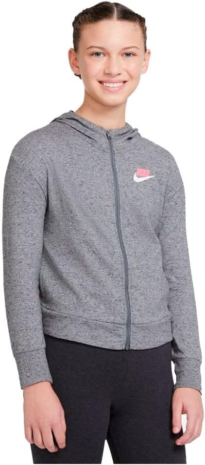Nike Sportswear Big Kids' (Girls') Full-Zip Jersey Hoodie (Medium, Carbon Heather/Smoke Grey/Sunset Pulse)