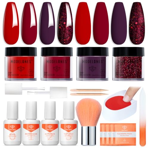Modelones Dip Powder Nail Kit Starter Set 4 Colors 19pcs Dip Powder Liquid Set Red Burgundy Purple Glitter Dip Powder with Top & Base Coat/Activator/Powder Brush/Recycling Tray for Nails Manicure