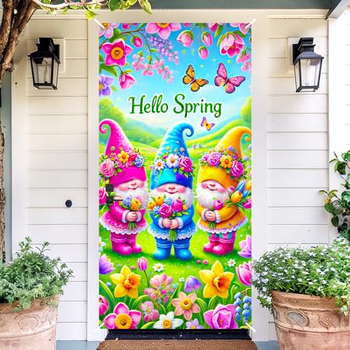 Image of Hello Spring Gnome Trio Door Cover 35x71in Butterfly