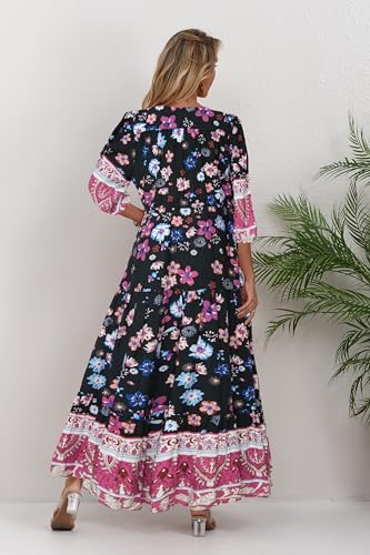 Image of Women Short Sleeve V Neck Floral Print Casual Bohemian Maxi Dresses
