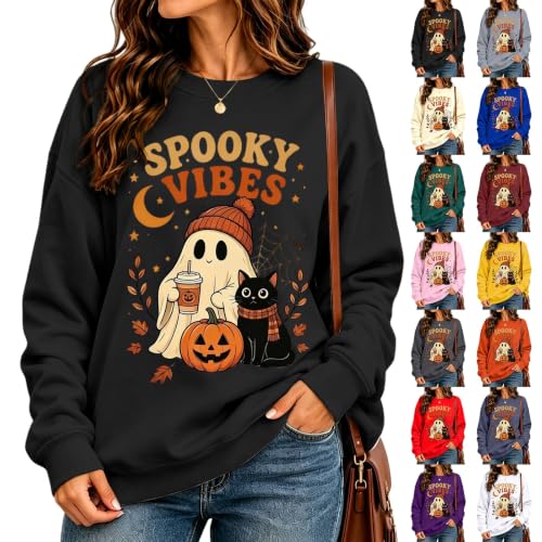 KWVOEBQ Halloween Tops for Women Black S Crew Neck Ghost Print Pullover - image 1