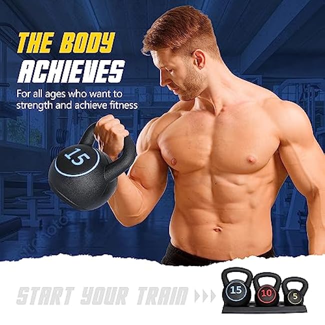 F2C 3-Piece Kettlebell Set with Storage Rack 5lb, 10lb, 15lb Weights HDPE Coated Concrete Kettlebells Core Training for Home Gym Exercise Fitness