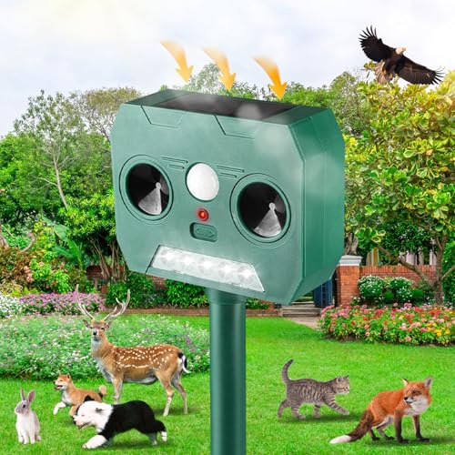 2024 Ultrasonic Animal Repellent, Solar Powered Cat Squirrels Deterrent with Motion Sensor,Sound,LED Flashing,Waterproof Deer Repellent for Dog Bird Skunk Rabbit-X3