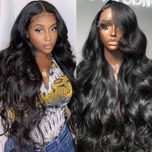 13x6 Lace Front Wigs Human Hair Body Wave HD Transparent Lace Frontal Wig 180 Density Glueless Lace Front Wig Pre Plucked with Baby Hair Wigs for Black Women(30 Inch,Natural Color)