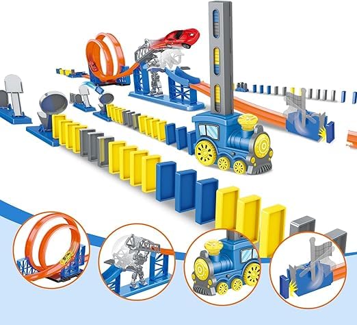 nino's 120 Pcs Domino Train Racing Theme, DIY STEM Toy Domino Blocks 360° High Speed Car Track with Loop Race Circuit with Toy Car, Educational Game for Kids 5+ Years 1
