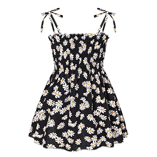 Toddler Girls Summer Slip Dresses Cute Floral Print Kids Pleated Beach Dress Flowy Spaghetti Straps A Line Swing Smocked Skirts Holiday Birthday Party (Black, 2-3 Years)