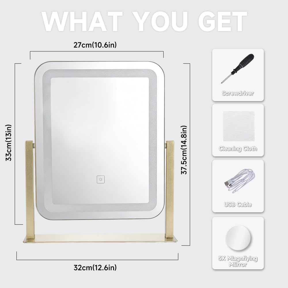 Vanity Mirror with LED Lights, 14.8x12.6 Inch Makeup Mirror, 3-Color Dimmable Touch Screen, 5X Magnification, 360° Rotation, Gold Tabletop Mirror for Bedroom Vanity