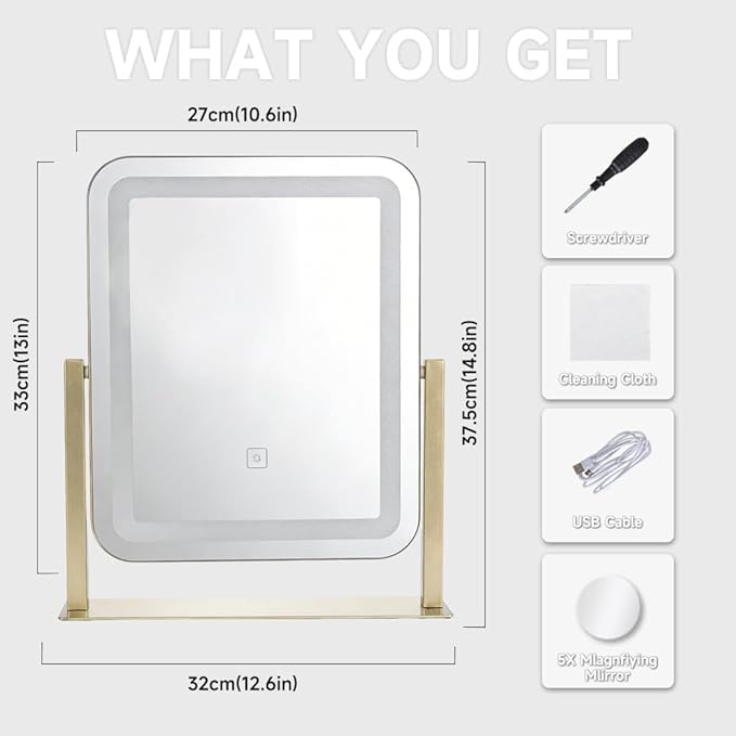 Espejo de Vanidad con Luces LED, 14.8x12.6 Pulgadas, 5X Aumento, 360° Rotación miniatura 2
