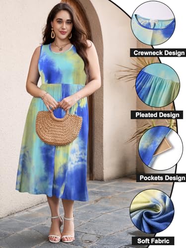 Image of LARACE Women's Plus Size Sleeveless Maxi Dress Casual Crew Neck Pleated Flowy Long Dresses with Pockets L-6XL
