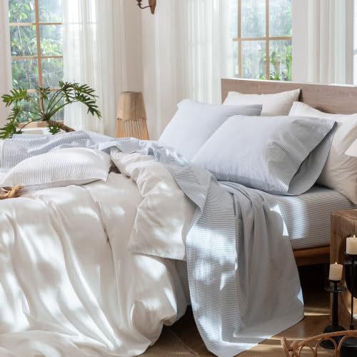 Image of MooMee Striped Sheet Set 100% Washed Cotton Linen Like King | Relaxed Linen-like Texture. Soft, Breathable & Lightweight Comfort. 15-19 inch Extra Deep Pocket with All-around Elastic
