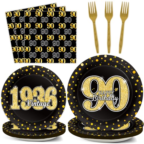 Image of 96PCS 90th Theme Birthday Party Tableware Vintage 1936 Party Supplies 90 Year Old Birthday Decorations Plates Napkins Forks Black and Gold Dinnerware Favors for Men or Women