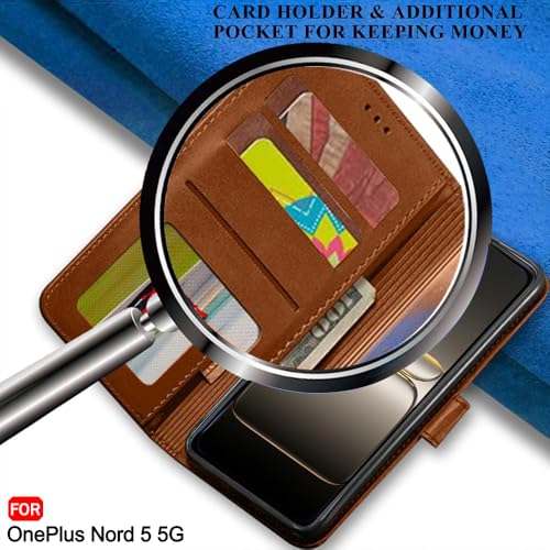 Image of TheGiftKart heGiftKart Genuine Leather Finish Flip Back Cover Case for OnePlus Nord 5 5G | Inbuilt Pockets & Stand | Wallet Style | Designer Button Magnet Flip Back Cover Case (Faux Leather, Brown)