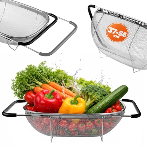 KADAX Edelstahl Abtropfsieb für Spüle, Ausziehbares Spülbecken Sieb mit Griffen, Küchensieb zum Waschen und Abtropfen von Obst, Gemüse & Nudeln, Spülbeckensieb