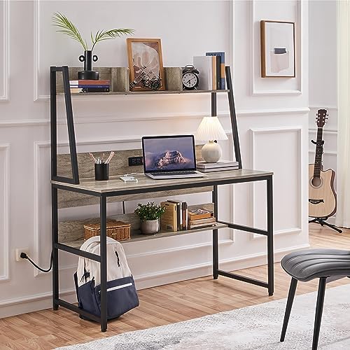 Image of Yaheetech Home Office 47 Inch Writing Desk with Power Outlets and 2 USB Charging Ports for Studying, Gaming Table Computer Desk with Hutch and Bookshelf, Metal Frame Workstation for Office, Gray