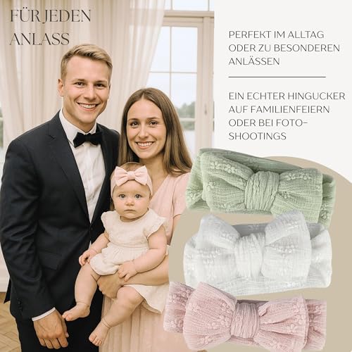 minimutz Haarband Baby 3er Set, Stirnband dehnbar mit Schleife, weiches Haaraccessoire Kleinkind Mädchen (Weiß/Rosa/Mint)
