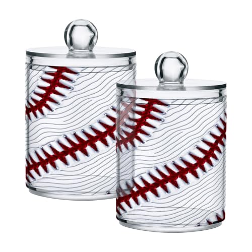 JUZIHAI Sport Baseball Print 2 Pack Qtip Holder Dispenser Clear Plastic Apothecary Jar with Lid Bathroom Organizer Vanity Makeup Storage Containers for Cotton Ball, Cotton Swab, Floss