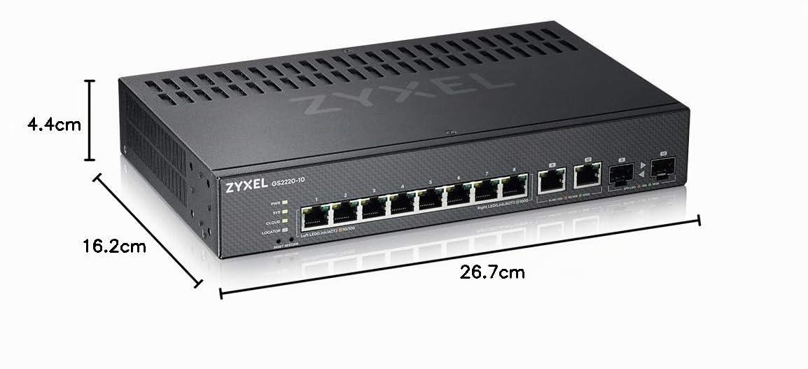 Zyxel GS2220-10-EU0101F commutateur réseau Géré L2 Gigabit Ethernet (10/100/1000) Noir | 8x Ports GbE + 2x Combo RJ-45/SFP, Sans Ventilateur, NebulaFlex, Multicast L2, IGMP Snooping, MVR, VLAN
