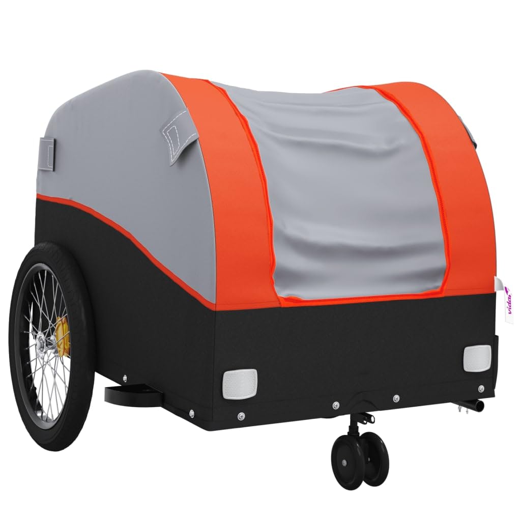 Remolque de bicicleta negro y naranja de hierro con capacidad de carga de 30 kg, 123 x 52 x 53 cm, bandera de seguridad, plegable para cargas, niños, perros, transporte al aire libre y viajes