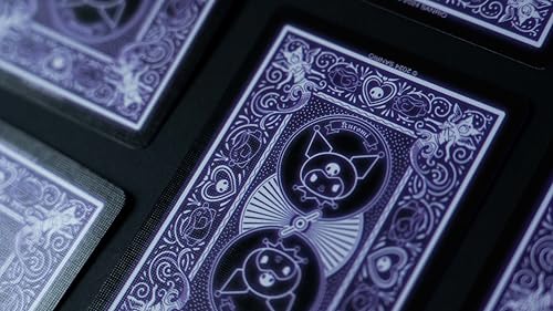 Image of Bicycle Kuromi Sanrio Playing Cards Black Pink Purple 1 Deck Kawaii | Kuromi and Baku on court cards, Neon pink and purple on black backgrounds, Cheeky design with skulls, Made in USA