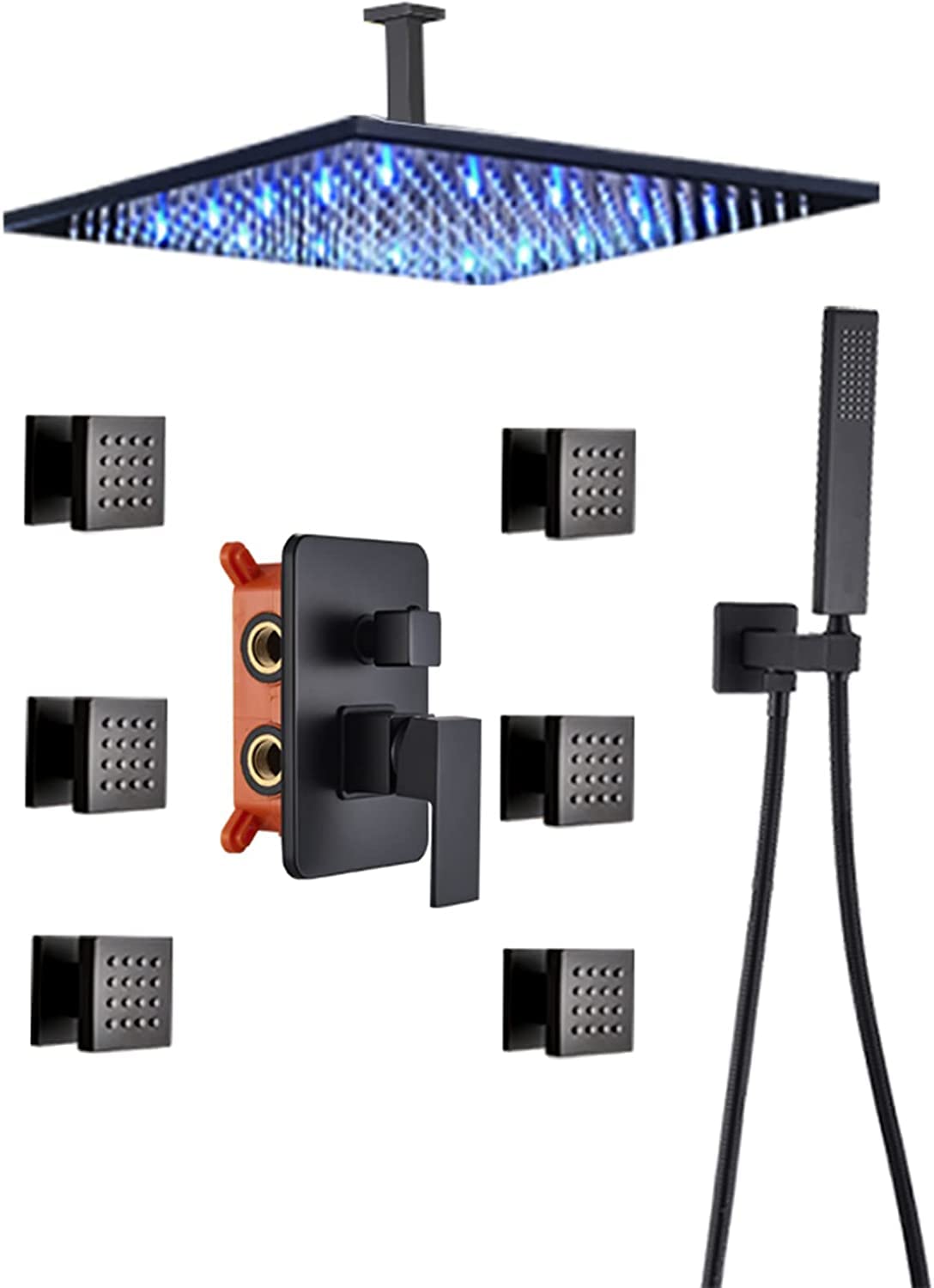 SnamicE Shower System Concealed Shower Faucet Set with 6 Pcs Body Sprays Matte Black Shower Combo Set with Hand Shower and LED Rainfall Shower Head Advanced Air Technolog,16 Inch