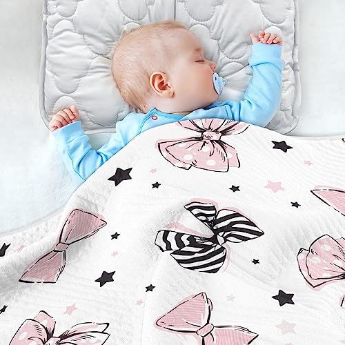Image of Swaddle Blanket for Pink and Black Bow Baby Receiving Blanket Muslin Baby Swaddles Soft Cotton Breathable Nursery Blankets for Unisex Boys and Girls 30x40 Inch