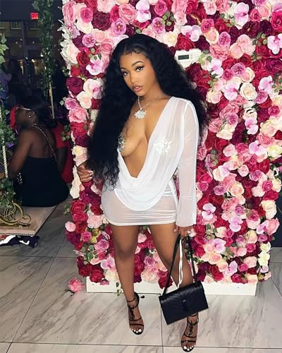 Image of Women's Sexy Long Sleeve Two 2 Pieces Outfits Sheer Mesh Mini Dress Skirt Set Top V Neck Backless Ruched Bodycon Cover Up