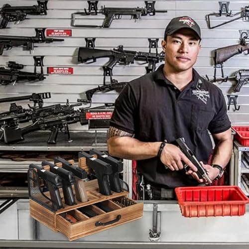 Optyuwah Pistolenregal Holz mit Schublade Pistolenständer – Sichere Aufbewahrung und Präsentation für 6 Pistolen, Waffenständer Pistolensammelregal für den Innenbereich