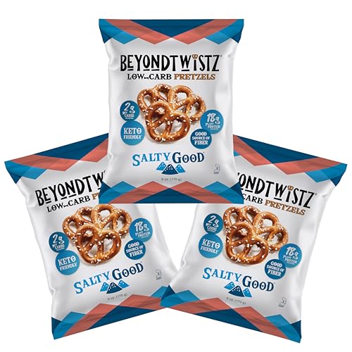 Image of BeyondTwistz Protein Pretzels, Low Carb Pretzels, Salty Good, 18g Protein, 2g Net Carbs, Keto Friendly, Powered By HealthSense High Fiber Wheat Flour, 6 oz Bag, Pack of 3