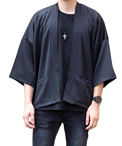 LOST IN BKK Men's Oversized Noragi Kimono Cardigan Japan Street Jacket Haori Man Yukata Coat (Black)