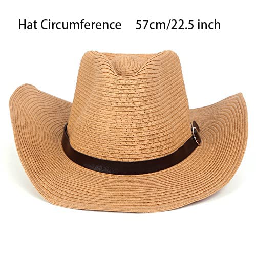Straw Cowboy Hat Panama Woven Sun Hats Men & Women Wide Brim Cowgirl Western-Hat With Belt Summer Beach (57Cm/22.5 Inch) Khaki #TOP4