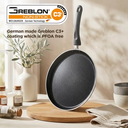 Image of Milton Pro Cook Induction Cookware & Gas Stove Friendly Classic 28cm Non Stick Dosa Tawa | Greblon C3+ German Coating | PFOA Free | Metal Spoon Friendly | Sturdy Handle | Dishwasher Safe | 1Y Warranty