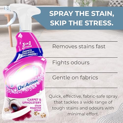 Oxi Action Carpet & Upholstery Stain Remover Spray 500ml with Scrubbing Brush – Powerful Sofa Cleaner, Carpet Spray & Upholstery Cleaner for Fabric Sofa – Stain Remover & Carpet Odour Remover