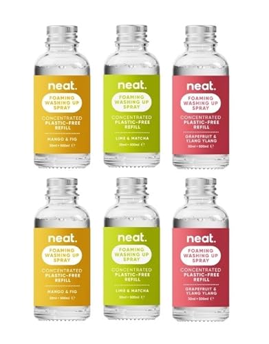 Neat Eco-Friendly Foaming Washing Up & Kitchen Spray Refill Kit – Mango & Fig, Grapefruit & Ylang Ylang & Lime & Matcha Scent, Minimal Cleaning Solution for Home (6x 30ml Concentrate Bottles)