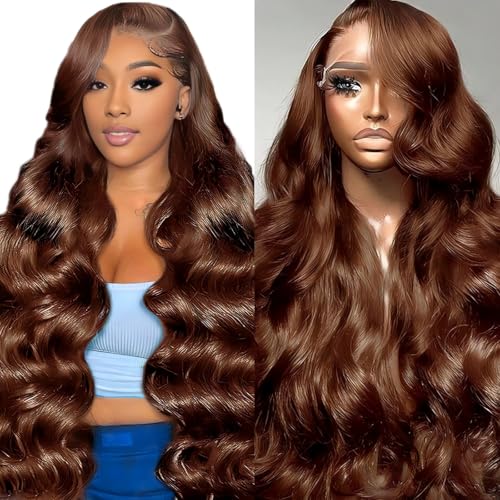 QZOQZO 28 Inch Chocolate Brown Lace Front Wigs Human Hair