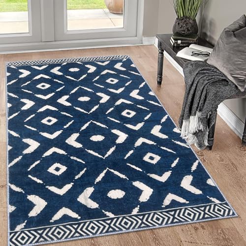 KILOCOCO Area Rug 3'x5' Rug for Entryway Washable Printed Bedroom Rugs Non Slip Boho Low-Pile Soft Rugs for Kitchen Dining Geometric Moroccan Carpet, Blue