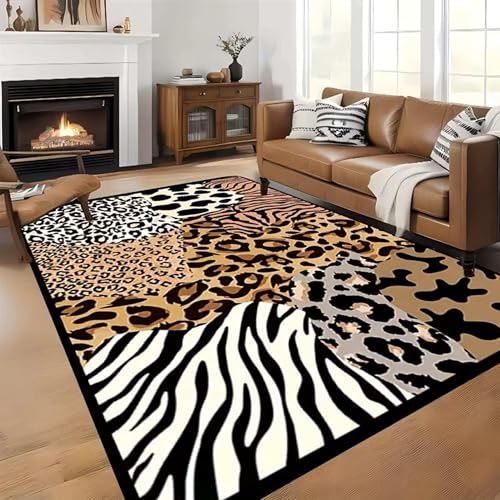 SOJAWA Animal-Print-Teppich 120x180cm, Patchwork aus Tiger-, Leoparden- und Zebramuster, rutschfest und langlebig, leicht zu reinigen, weicher Kurzflor-Teppich für Schlafzimmer und Wohnzimmer
