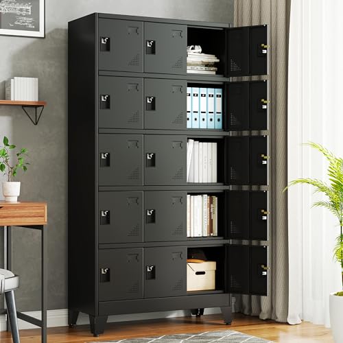 winiowa Metal Locker for Employees, 15 Doors Locker Organizer with Shelves, Black Steel Storage Lockers Cabinet for Garage School Office Gym Bedroom(Black,15 Doors)