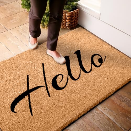 MaxMat Hello Door Mat Outdoor Coco Coir Doormat, with Heavy-Duty PVC Backing - Natural - Perfect Color/Sizing for Outdoor/Indoor uses. (30 x 17, Hello Script-14)