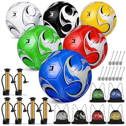 Hualleko 6 Pack Soccer Balls Size 5/4/3 Bulk Includes Soccerball Drawstring Backpack Needles Ball Pump Pelota De Futbol Official Size Training & Matches